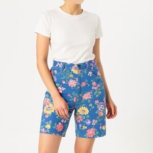 Vintage Floral Denim Bermuda Shorts Sz Small Blue Pink High Waist Festival Cute